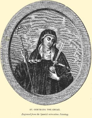 St Gertrude the Great engraved from the Spanish miraculous Painting. Inscription pointing to heart reads: "Invies me in corde Gertrudis." "You will find me in the heart of Gertrude."